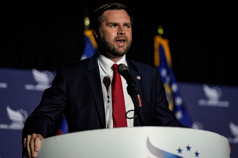 Republican vice presidential nominee Sen. JD Vance, R-Ohio, speaks during the Georgia Faith and Freedom Coalition's dinner at the Cobb Galleria Centre, Monday, Sept. 16, 2024, in Atlanta. (AP Photo/Mike Stewart)