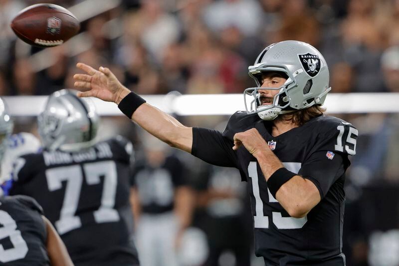 Las Vegas Raiders quarterback Gardner Minshew (15) throws against the Dallas Cowboys during the first half of an NFL preseason football game, Saturday, Aug. 17, 2024, in Las Vegas. (AP Photo/Steve Marcus)