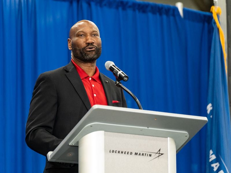 Rod McLean, the vice president of Lockheed Martin's Marietta site, speaks to employees at the manufacturing facility in Marietta on Thursday, Aug. 22. (Seeger Gray/AJC)