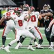 Tampa Bay Buccaneers quarterback Baker Mayfield (6) prepares a pass during the second half of an NFL football game against the Atlanta Falcons on Sunday, Dec. 10, 2023, at Mercedes-Benz Stadium in Atlanta. 
Miguel Martinez/miguel.martinezjimenez@ajc.com