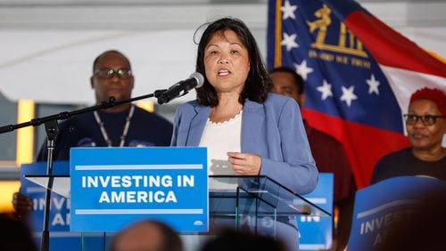 Julie Su, acting Secretary of Labor, speaks at Blue Bird headquarters in Ft.Valley on Friday, July 19, 2024. The Biden-Harris administration plans to expand jobs with a grant of $80 million to Blue Bird to build a new factory that will produce electric buses.  (Natrice Miller/ AJC)

