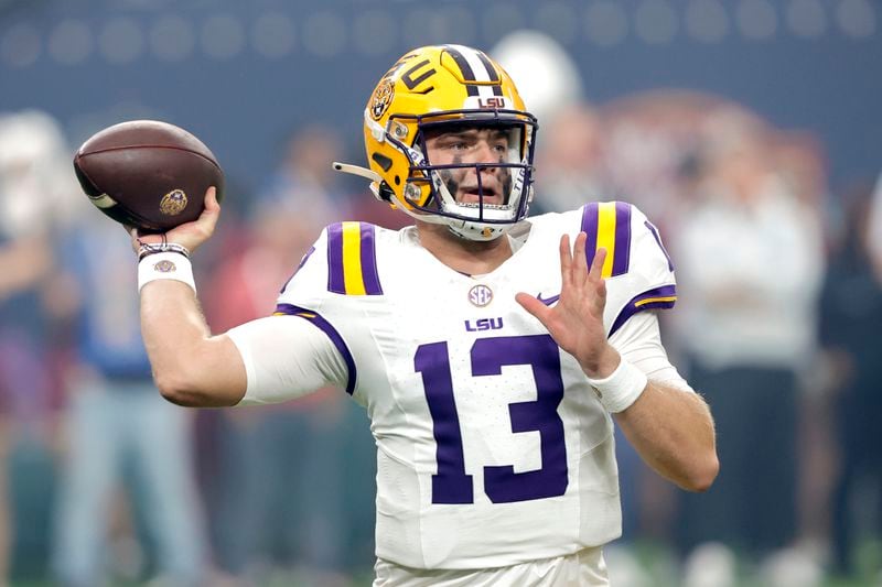 LSU quarterback Garrett Nussmeier looks to pass during the first half of an NCAA college football game against Southern California, Sunday, Sept. 1, 2024, in Las Vegas. (AP Photo/Steve Marcus)