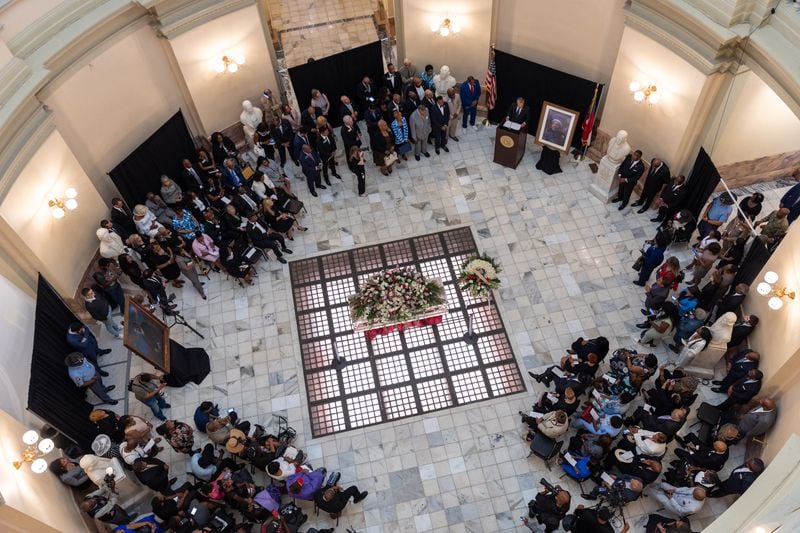 Gov. Brian Kemp speaks at a ceremony honoring Christine King Farris in the rotunda of the Capitol in Atlanta on Friday, July 14, 2023. Farris, a teacher and civil rights activist, was Martin Luther King Jr.’s sister. (Arvin Temkar / arvin.temkar@ajc.com)