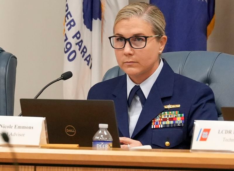 Nicole Emmons, technical advisor, listens during the Titan marine board formal hearing inside the Charleston County Council Chambers, Thursday, Sept. 19, 2024, in North Charleston, S.C. (Corey Connor via AP, Pool)