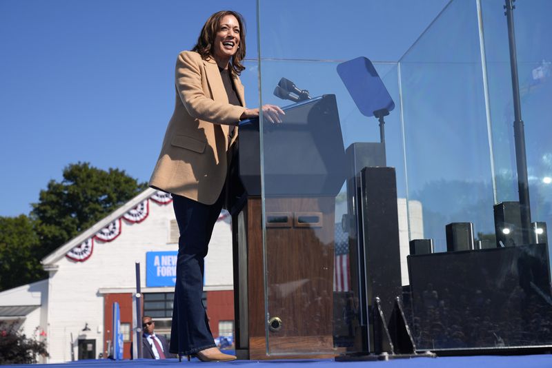 Democratic presidential nominee Vice President Kamala Harris speaks during a campaign stop at the Throwback Brewery, in North Hampton, N.H., Wednesday, Sept. 4, 2024. (AP Photo/Jacquelyn Martin)