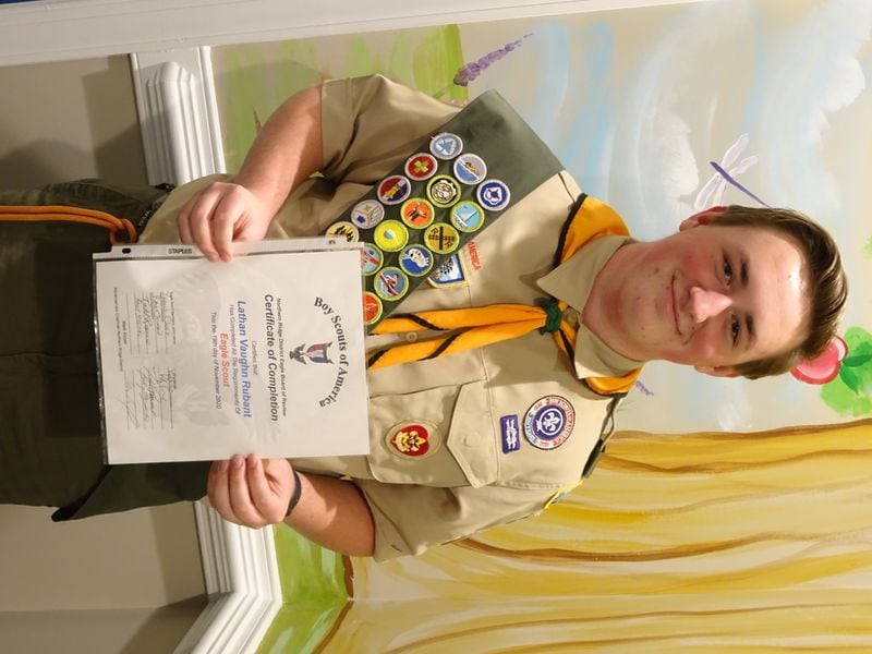 Lathan Rubant of Troop 87, sponsored by Roswell Presbyterian Church,
whose project was the design and construction of 3 8 foot co-joining music storage units for the
Roswell High School Band Room