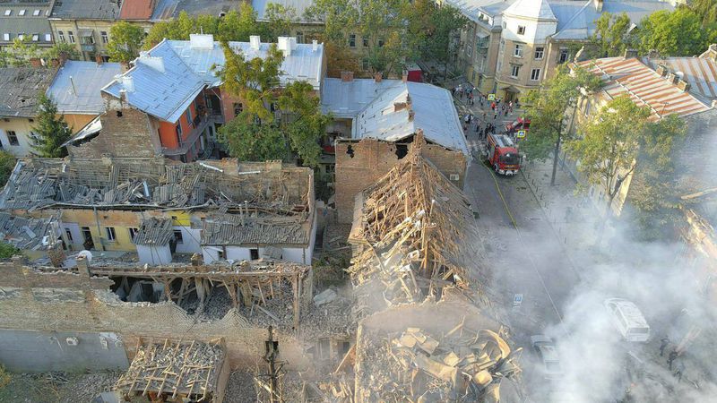 In this photo provided by the State Emergency Service of Ukraine, smoke rises from a building which was destroyed by a Russian strike in Lviv, Ukraine, Wednesday, Sept. 4, 2024. (State Emergency Service of Ukraine via AP)