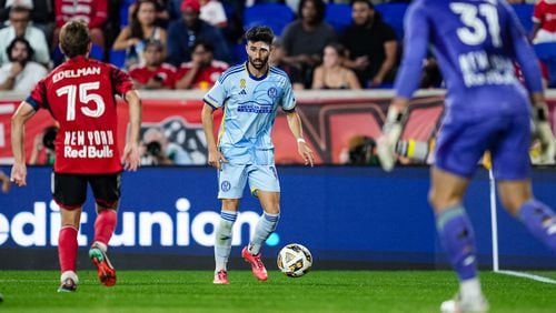 Atlanta United defender Pedro Amador #18 dribbles during the first half of the match against the New York Red Bulls at Red Bull Arena in Harrison, NJ on Saturday September 21, 2024. (Photo by Mitch Martin/Atlanta United)