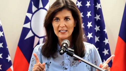 FILE - Nikki Haley, former United States Ambassador to the United Nations, speaks to media during her press conference before leaving Taipei, Taiwan, Saturday, Aug. 24, 2024. (AP Photo/Chiang Ying-ying, File)