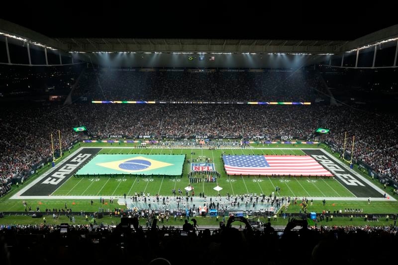 Neo Quimica Arena in a general view, GV, from the upper level at the 50 yard line before an NFL football game between the Philadelphia Eagles and the Green Bay Packers, Friday, Sept. 6, 2024, in Sao Paulo. (AP Photo/Andre Penner)