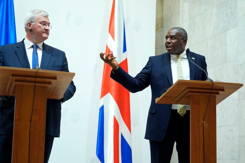 Britain's Foreign Secretary David Lammy, speaks during a joint news conference with Ukraine's Foreign Minister Andriiy Sybiha, left, and U.S. Secretary of State Antony Blinken at the Ministry of Foreign Affairs in Kyiv, Ukraine, Wednesday, Sept. 11, 2024. (AP Photo/Mark Schiefelbein, Pool)