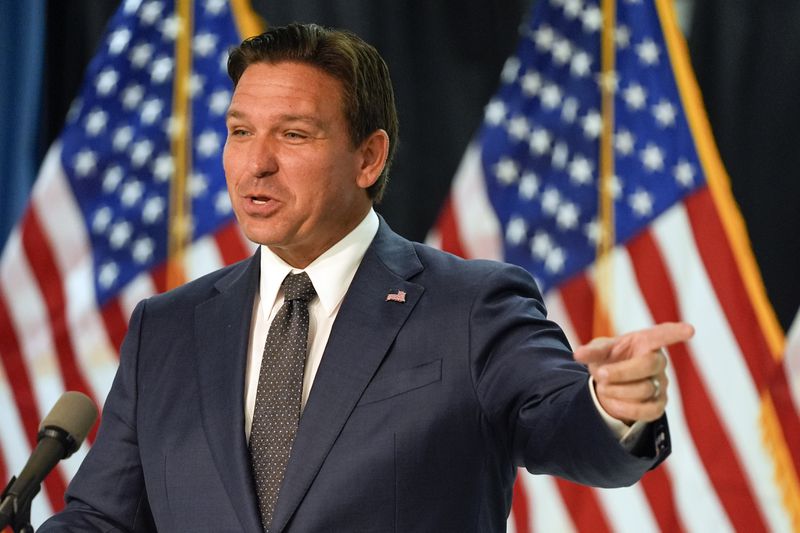 Florida Gov. Ron DeSantis delivers remarks and answers questions at a news conference Monday, Sept. 16, 2024, in Orlando, Fla. (AP Photo/John Raoux)