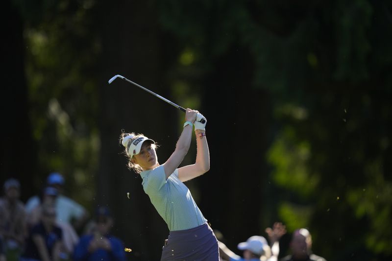 Nelly Korda hits on the 17th tee during the second round of the Women's PGA Championship golf tournament at Sahalee Country Club, Friday, June 21, 2024, in Sammamish, Wash. (AP Photo/Lindsey Wasson)