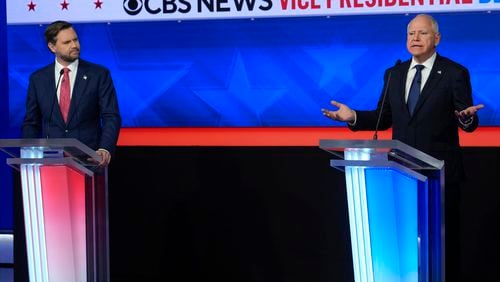 Democratic vice presidential nominee Minnesota Gov. Tim Walz speaks during a vice presidential debate hosted by CBS News, with Republican vice presidential nominee Sen. JD Vance, R-Ohio, Tuesday, Oct. 1, 2024, in New York. (AP Photo/Matt Rourke)