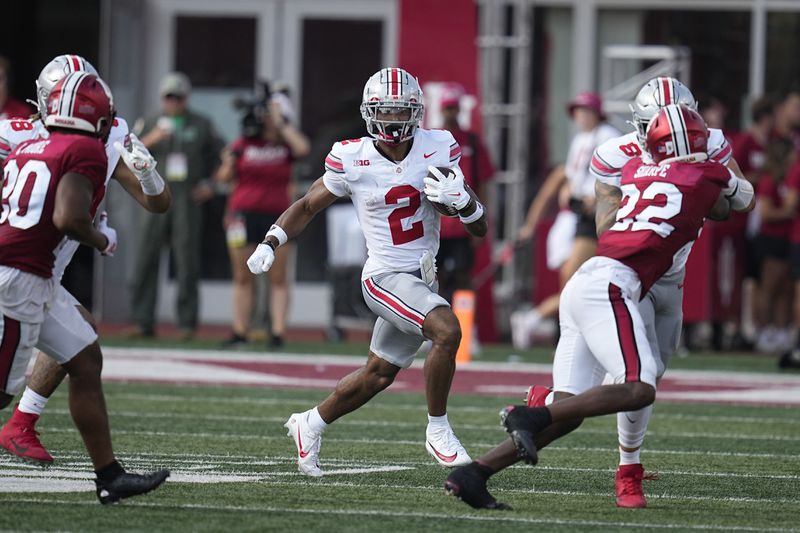 FILE - Ohio State wide receiver Emeka Egbuka (2) runs during the second half of an NCAA college football game against Indiana, Saturday, Sept. 2, 2023, in Bloomington, Ind. (AP Photo/Darron Cummings, File)