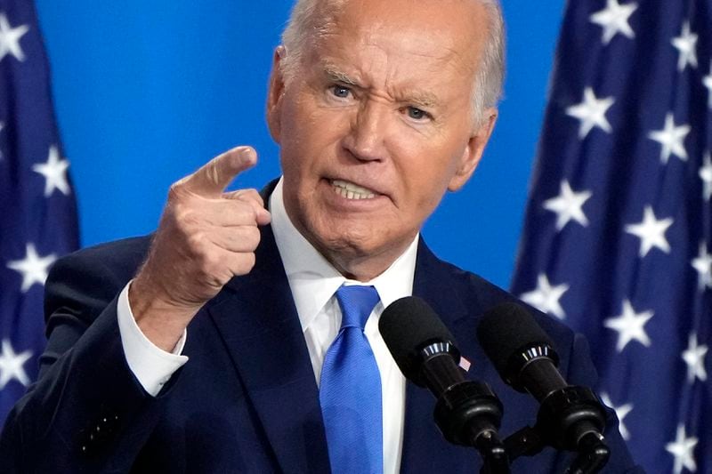 President Joe Biden speaks at a news conference Thursday July 11, 2024, on the final day of the NATO summit in Washington. (AP Photo/Jacquelyn Martin)
