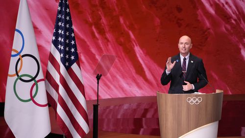 Utah Gov. Spencer Cox speaks about Salt Lake City's bid to host the 2034 Winter Olympics, during the 142nd IOC session at the 2024 Summer Olympics, Wednesday, July 24, 2024, in Paris, France. (AP Photo/David Goldman)