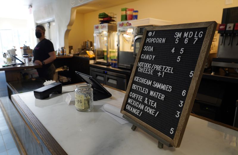 A list of concessions is pictured in the lobby of the Eagle Theatre at Vidiots Foundation, Tuesday, June 27, 2023, in Los Angeles. (AP Photo/Chris Pizzello)