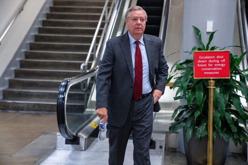 Sen. Lindsey Graham (R-S.C.) takes the Senate subway, on Capitol Hill in Washington on Tuesday, Aug. 2, 2022. (Haiyun Jiang/The New York Times)..