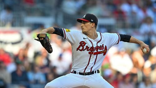 Braves starting pitcher Max Fried (54) delivers to the Phillies during the first inning of NLDS Game 2 in Atlanta on Monday, Oct. 9, 2023.   (Hyosub Shin / Hyosub.Shin@ajc.com)