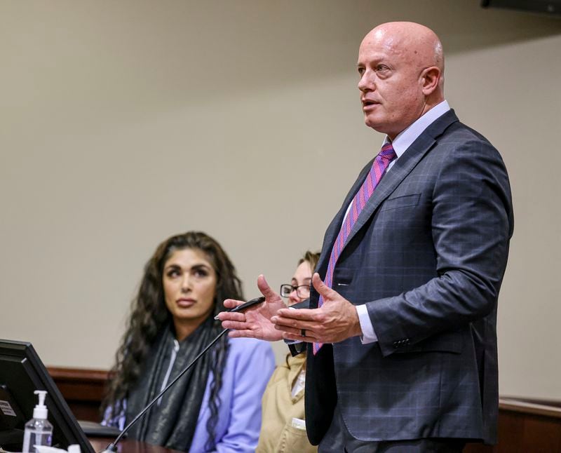 Jason Bowles, attorney for Hannah Gutierrez-Reed, the weapons supervisor on the set of the Western film “Rust," addresses Judge T. Glenn Ellington during Gutierrez-Reeds' plea hearing at the First Judicial District Courthouse in Santa Fe, N.M., Monday, Oct. 7, 2024. (Gabriela Campos/Santa Fe New Mexican via AP, Pool)