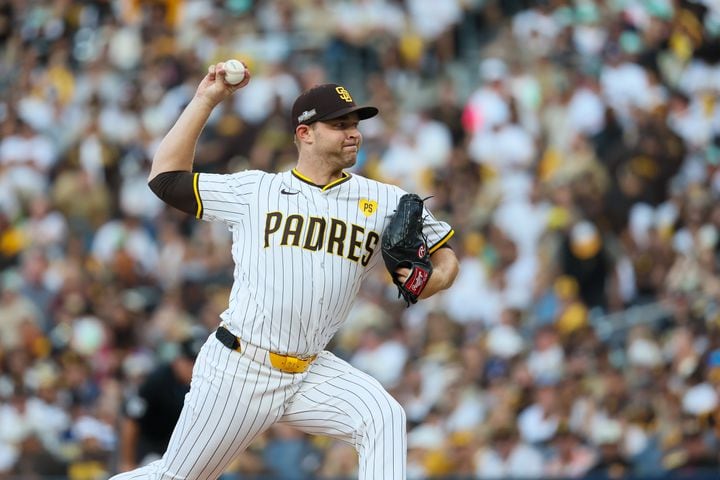 San Diego Padres pitcher Michael King (34) delivers to the Atlanta Braves during the first inning of the National League Division Series Wild Card Game One at Petco Park in San Diego on Tuesday, Oct. 1, 2024.   (Jason Getz / Jason.Getz@ajc.com)