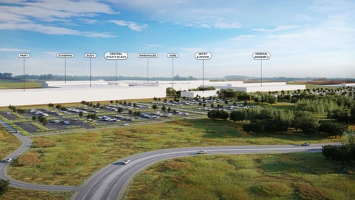 Clayco was chosen to build Rivian's future $5 billion electric vehicle factory in Georgia. This is a rendering of the project.
