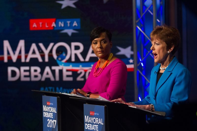 Atlanta mayoral contenders Keisha Lance Bottoms (L) and  Mary Norwood (R) speak at the WSB live debate Sunday In Atlanta GA November 03 2017. STEVE SCHAEFER / SPECIAL TO THE AJC