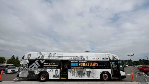 A Marta-wrapped bus dedicated to the late congressman and his wife, Lillian Miles Lewis, was seen parked outside of the College Park Station on Thursday, September 12, 2024. The unveiling occurred during the third series of wrapped buses celebrating Atlanta Civil Rights leaders.
(Miguel Martinez / AJC)