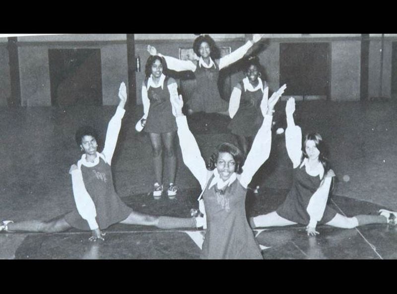 Dr. Valerie Montgomery Rice, top center, is captured in a 1978 photo taken during her varsity cheerleading days at Southwest High School in Macon, where she grew up.