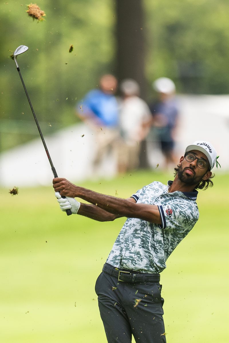 Akshay Bhatia competes in the third round of the PGA Rocket Mortgage Classic golf tournament, Saturday, June 29, 2024, at the Detroit Golf Club in Detroit. (Katy Kildee/Detroit News via AP)