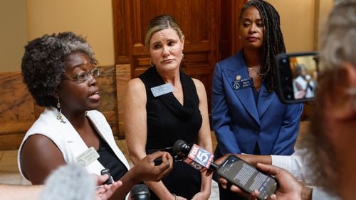 (Left to right) Rep. Jasmine Clark, D-Lilburn, Sen. Elena Parent, D-Atlanta, and Sen. Nikki Merritt, D-Grayson, speak to the media at the Georgia State Capitol following a press conference on Wednesday, July 24, 2024, to respond to Georgia School Superintendent Richard Woods' decision not to recommend the AP African American Studies course. Clark is among the officials who continue to push for the course to be taught in Georgia schools. (Natrice Miller/ AJC)