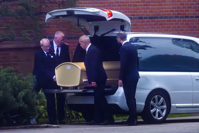 A coffin of football legend Sven-Goran Eriksson is carried into Fryksande church in Torsby, Sweden, Friday, Sept. 13, 2024. (Jonas Ekströmer/TT News Agency via AP)