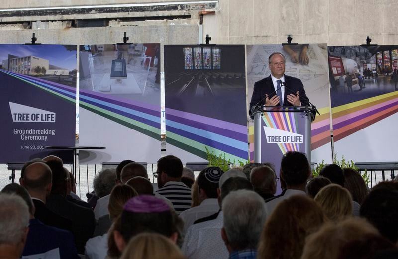 Second gentleman Doug Emhoff gives remarks during the groundbreaking ceremony for the new Tree of Life complex in Pittsburgh, Sunday, June 23, 2024. The new structure is replacing the Tree of Life synagogue where 11 worshipers were murdered in 2018 in the deadliest act of antisemitism in U.S. history. (AP Photo/Rebecca Droke)