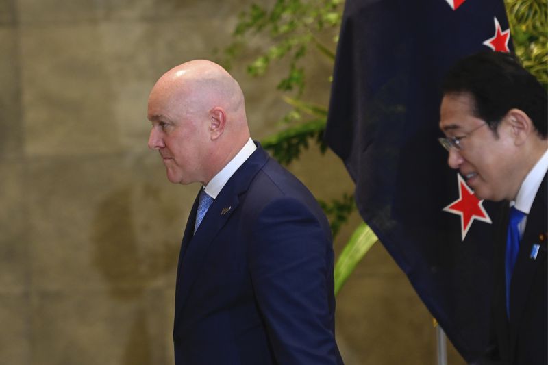 New Zealand Prime Minister Christopher Luxon, left, and Japan Prime Minister Fumio Kishida prepare to attend a bilateral meeting at Kishida's office in Tokyo Wednesday, June 19, 2024. (David Mareuil/Pool Photo via AP)