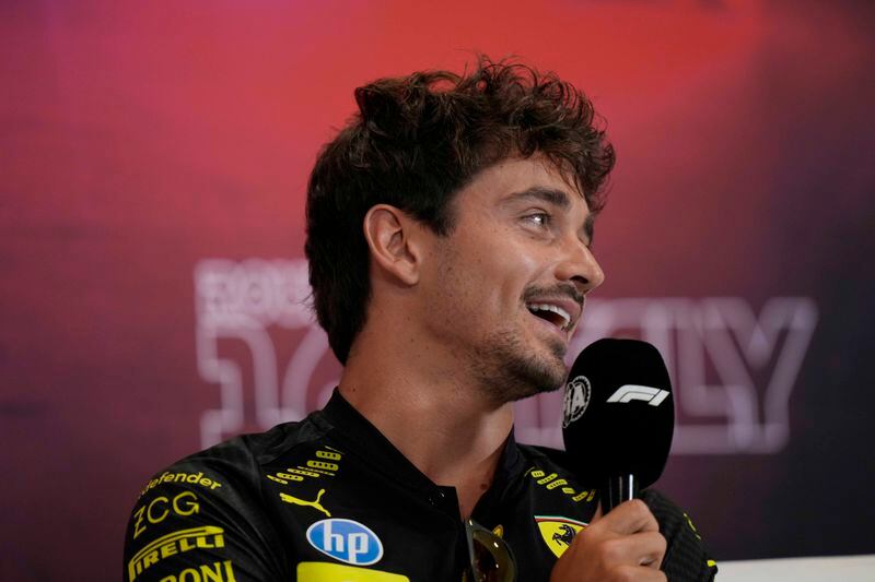 Ferrari driver Charles Leclerc of Monaco attends a news conference at the Monza racetrack, in Monza, Italy, Thursday, Aug.29, 2024. The Formula one race will be held on Sunday. (AP Photo/Luca Bruno)