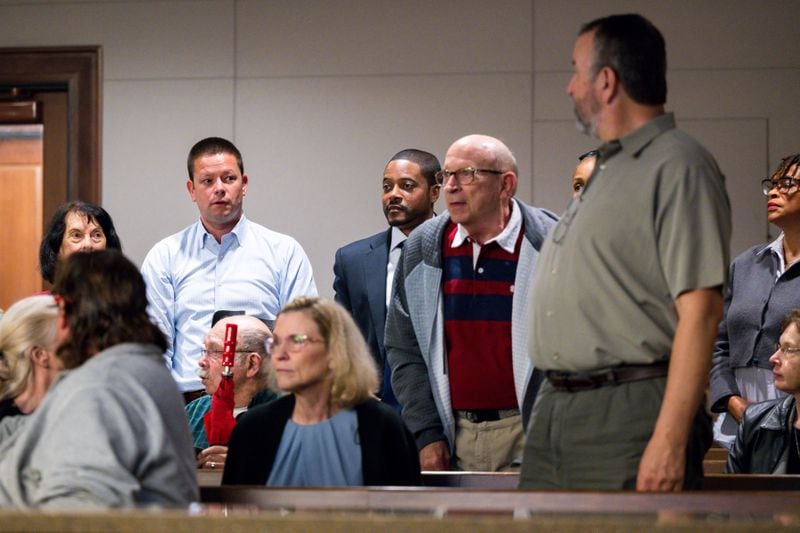 240306 MARIETTA, GA — Plaintiffs stand in the gallery during a lawsuit hearing at Cobb County Superior Court in Marietta, Ga., on Wednesday, March 6, 2024. The lawsuit challenges the legality of the ballot question put to voters in 2022 to create the city of Mableton. The new city was created and is in the process of transitioning services now, so if the court rules the city was created illegally, it could theoretically undo the city altogether. 
(Bita Honarvar for The Atlanta Journal-Constitution)