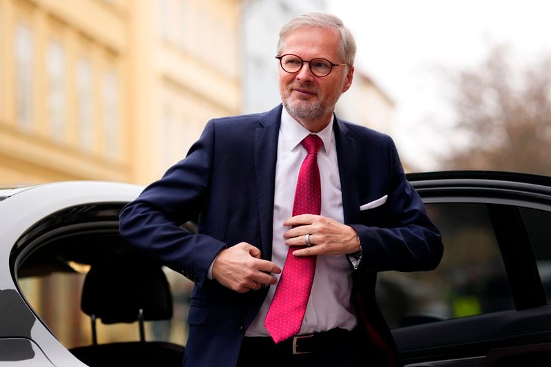 FILE - Czech Republic's Prime Minister Petr Fiala arrives for the V4 meeting in Prague, Czech Republic, Feb. 27, 2024. (AP Photo/Petr David Josek, File)