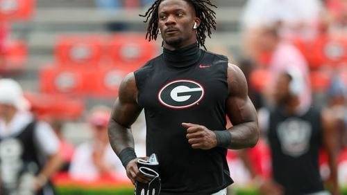 Georgia linebacker Smael Mondon Jr. warms up before their game against South Carolina at Sanford Stadium, Saturday, September 16, 2023, in Athens, Ga. Georgia won 24-14. (Jason Getz / Jason.Getz@ajc.com)