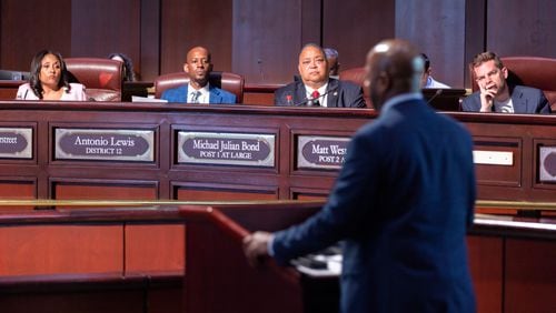 Al Wiggins, Atlanta’s Department of Watershed Management commissioner, updates the city council about the city’s water failure during a council meeting at City Hall in Atlanta on Monday, June 3, 2024. The water crisis has reached its fourth day following the breakage of several pipes. (Arvin Temkar / AJC)