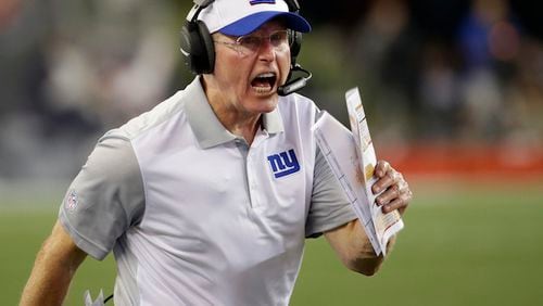 New York Giants head coach Tom Coughlin reacts to an official's call in the first half of an NFL football game against the New England Patriots Thursday, Sept. 3, 2015, in Foxborough, Mass. (AP Photo/Stephan Savoia)