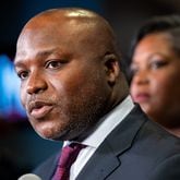 Bryan Johnson, the sole finalist for Atlanta Public Schools superintendent, speaks to the media after being introduced at a press conference at APS headquarters in downtown Atlanta on Tuesday, June 18, 2024. (Bita Honarvar for The Atlanta Journal-Constitution)