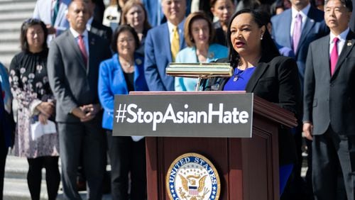 U.S. Rep. Nikema Williams, D-Atlanta, speaks Tuesday at an event in Washington marking the one-year anniversary of the Atlanta spa shootings.