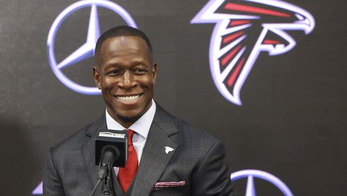 Atlanta Falcons new head football coach Raheem Morris smiles as he speaks to members of the media during his introductory press conference at Mercedes-Benz Stadium, Monday, February 5, 2024, in Atlanta. (Jason Getz / Jason.Getz@ajc.com)