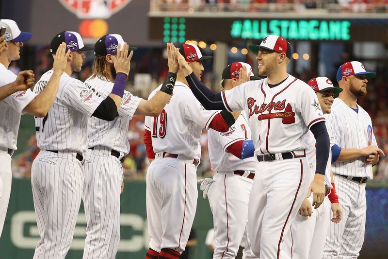 Freddie Freeman of the Atlanta Braves and the National League is introduced during the 89th MLB All-Star Game, presented by Mastercard at Nationals Park on July 17, 2018 in Washington, DC.  (Photo by Patrick Smith/Getty Images)