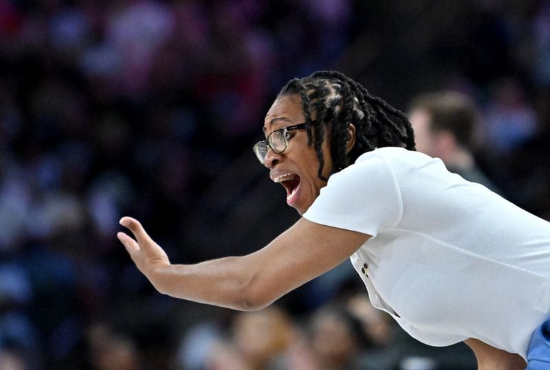 Atlanta Dream head coach Tanisha Wright shouts instructions during the second half at the Gateway Center Arena on June 11, 2024, in Atlanta. Washington Mystics won 87-68 over Atlanta Dream. (Hyosub Shin / AJC)