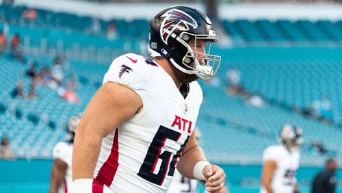 Atlanta Falcons offensive lineman Ryan Neuzil (64) gets ready for the exhibition game against the Miami Dolphins at Hard Rock Stadium in Miami Gardens, Fla. on Friday, Aug. 11, 2023. (Photo by Jay Bendlin/Atlanta Falcons)