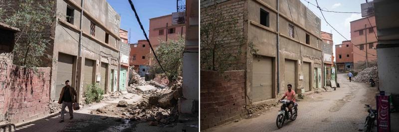 In this combination of photos, a man inspects damage caused by earthquake in the town of Amizmiz, Morocco, outside Marrakech, Sept. 10, 2023, and a man driving past the same street on Sept. 4, 2024. (AP Photo/Mosa'ab Elshamy)