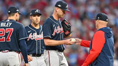 Atlanta Braves starting pitcher Bryce Elder is relieved by manager Brian Snitker during the fourth inning of NLDS Game 3 against the Philadelphia Phillies in Philadelphia on Wednesday, Oct. 11, 2023.   (Hyosub Shin / Hyosub.Shin@ajc.com)