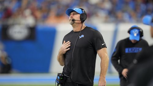 Detroit Lions head coach Dan Campbell watches during the first half of an NFL football game against the Tampa Bay Buccaneers, Sunday, Sept. 15, 2024, in Detroit. (AP Photo/Paul Sancya)